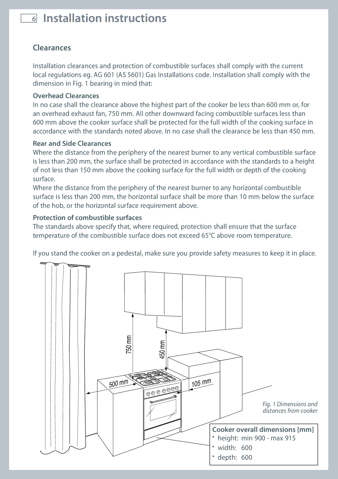 Fisher & Paykel 60 installation instructions Installation instructions, Clearances 