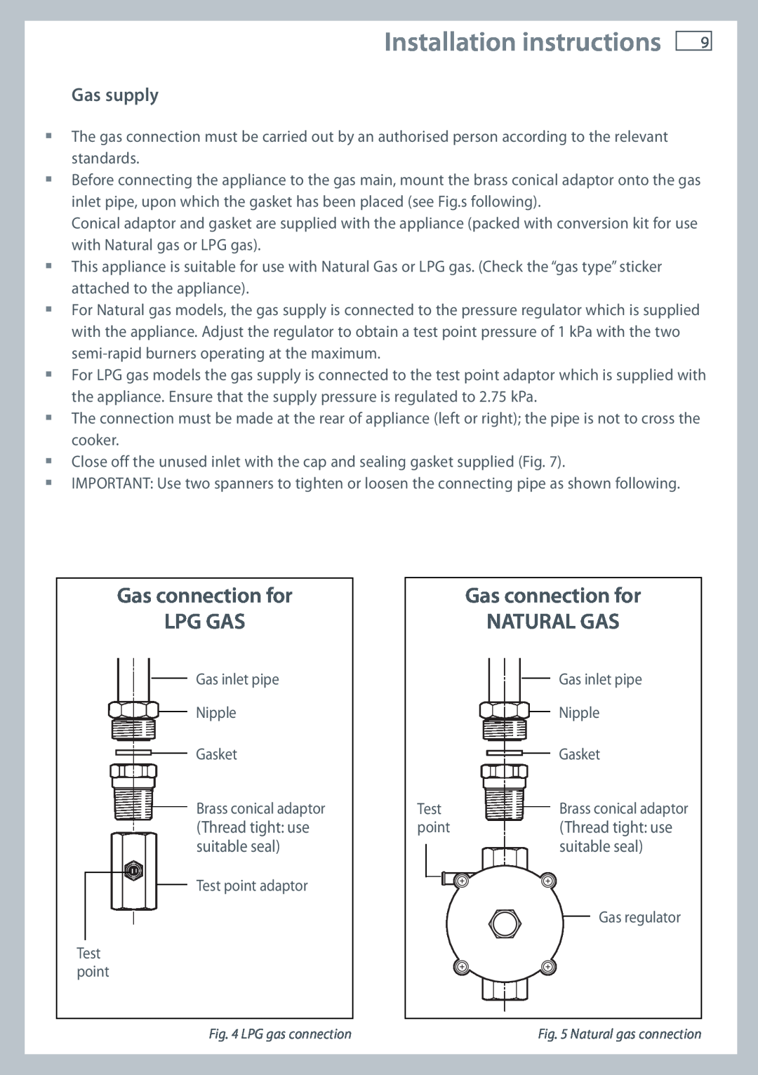 Fisher & Paykel 60 Gas supply, suitable seal, Installation instructions, Gas connection for LPG GAS, Natural Gas 