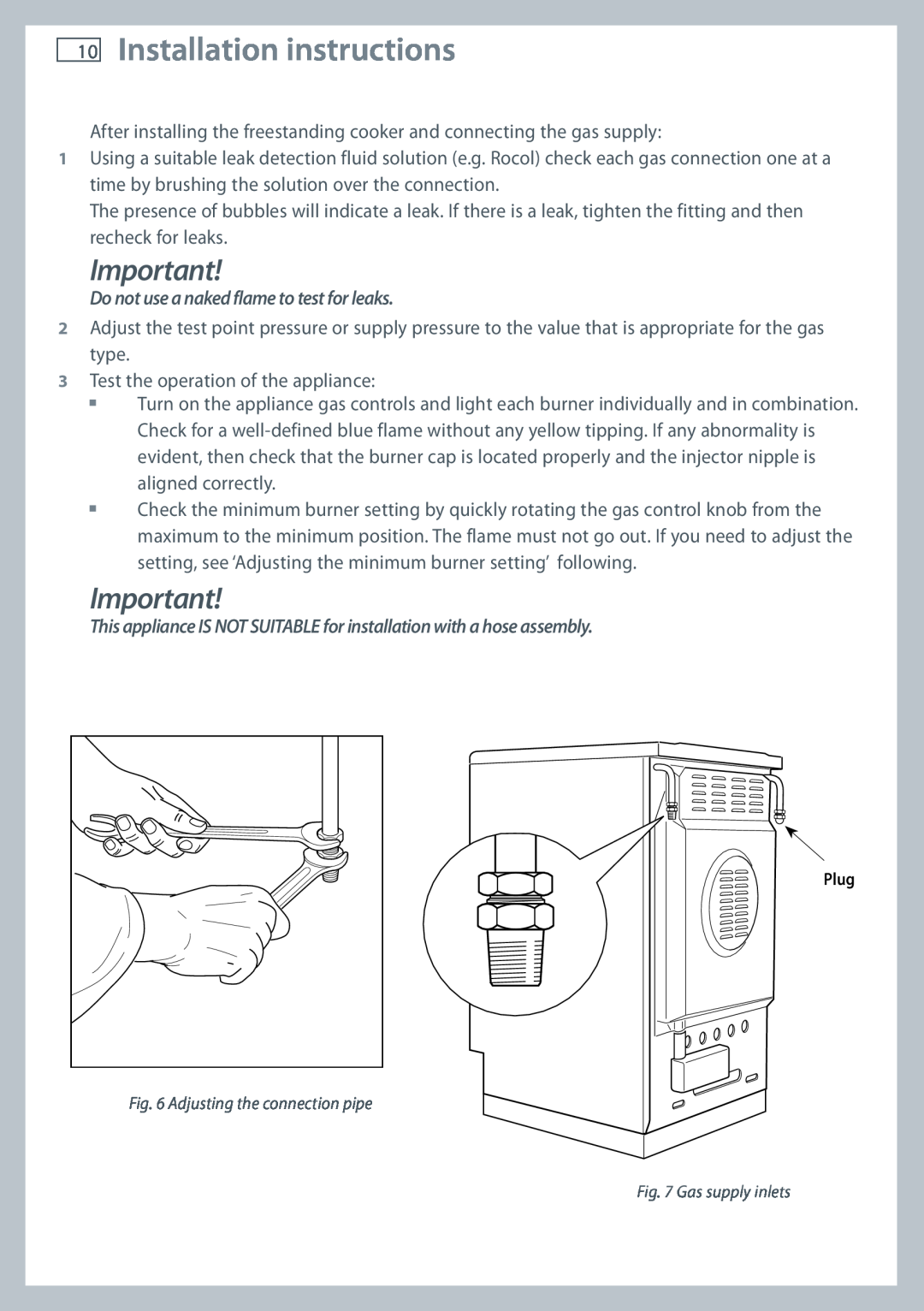 Fisher & Paykel 60 installation instructions Installation instructions, Do not use a naked flame to test for leaks 