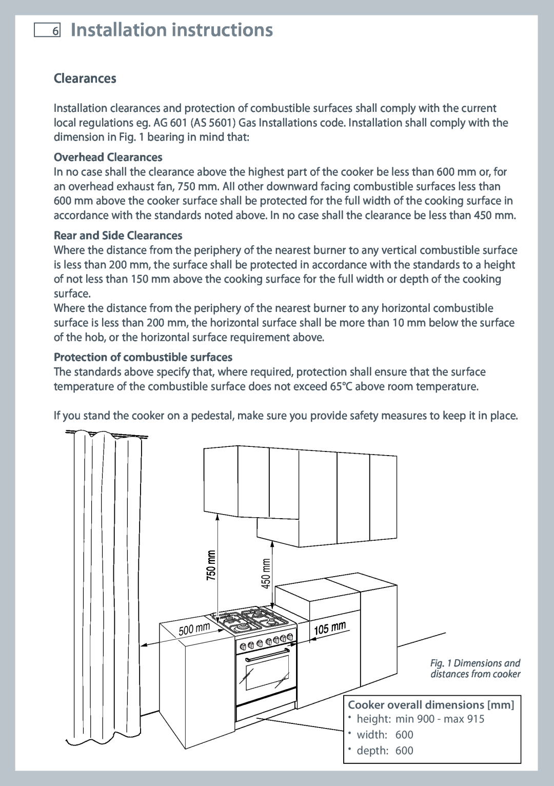 Fisher & Paykel 60 installation instructions Installation instructions, Overhead Clearances, Rear and Side Clearances 