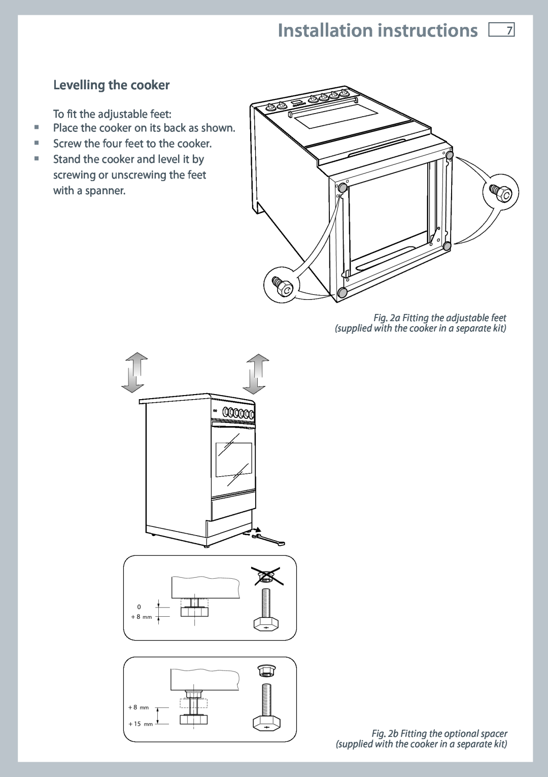 Fisher & Paykel 60 installation instructions Levelling the cooker, Installation instructions, To fit the adjustable feet 
