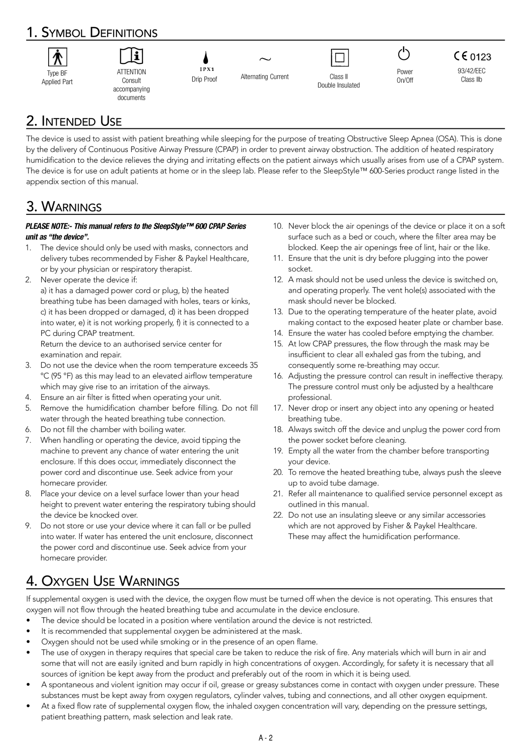 Fisher & Paykel 600 manual Symbol Definitions, Intended Use, Oxygen Use Warnings 