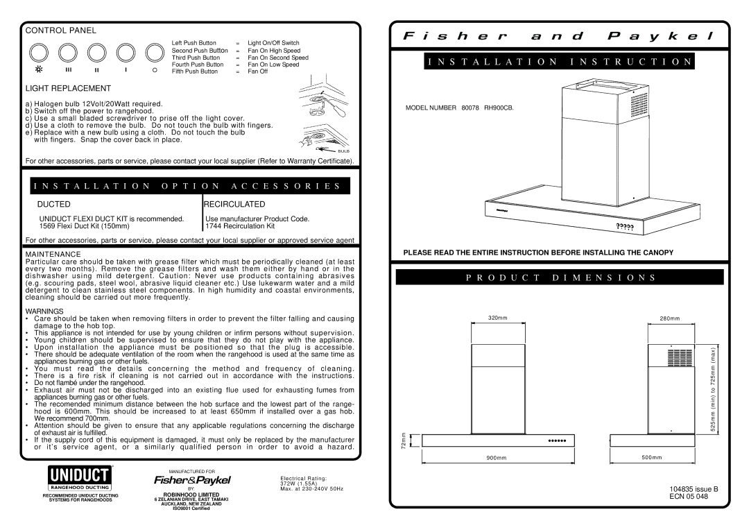 Fisher & Paykel 80078 dimensions Installation O P T I O N a C C E S S O R I E S, O D U C T D I M E N S I O N S 