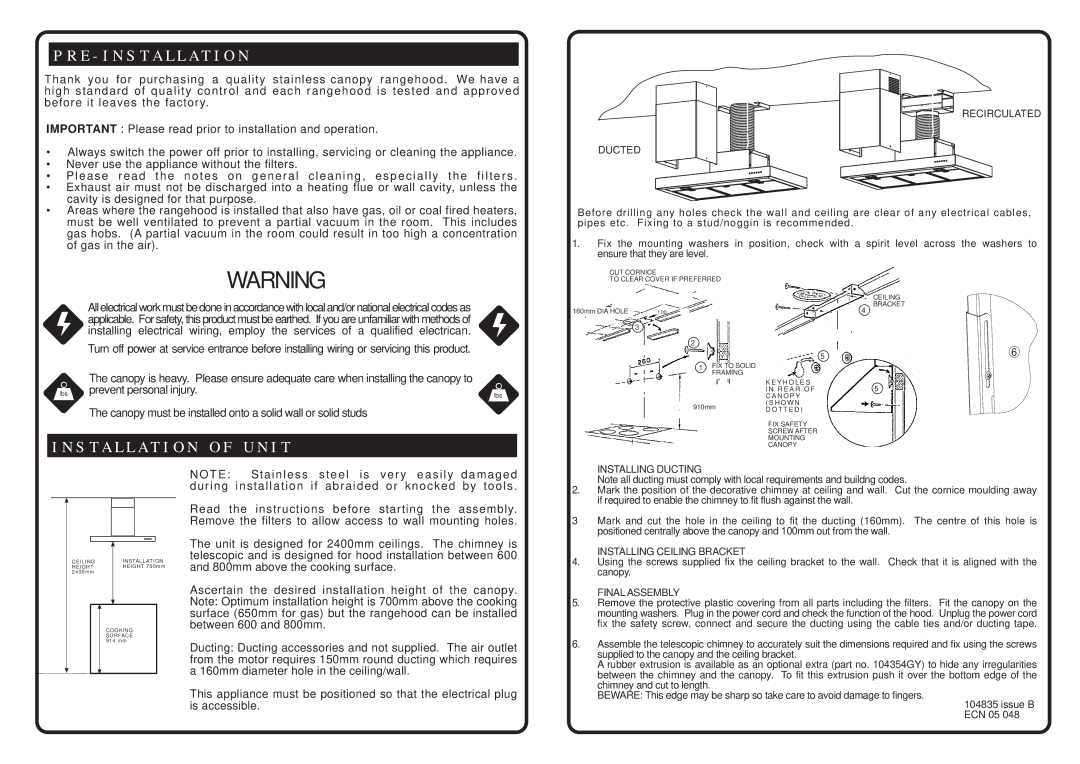 Fisher & Paykel 80078 dimensions Recirculated Ducted, Installing Ducting, Installing Ceiling Bracket, Final Assembly 