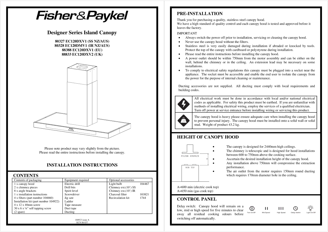 Fisher & Paykel 80328 EC120DMV1 installation instructions Pre-Installation, Height of Canopy Hood, Control Panel 