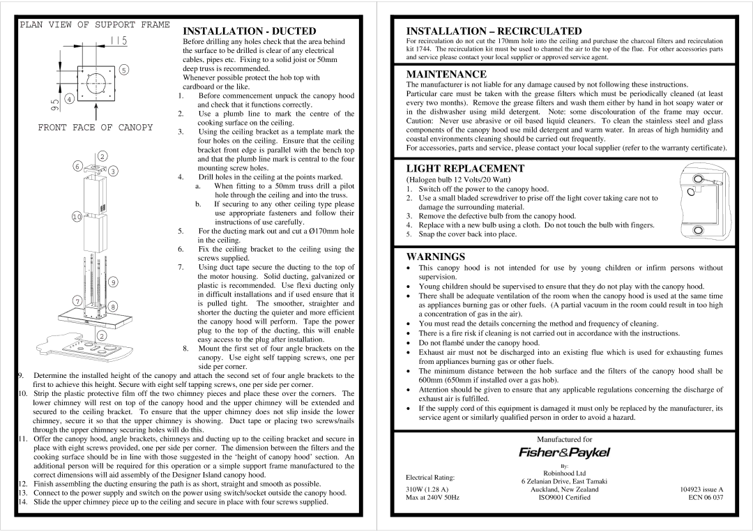 Fisher & Paykel 80327 EC120DXV1 Installation Ducted, Installation Recirculated, Maintenance, Light Replacement 