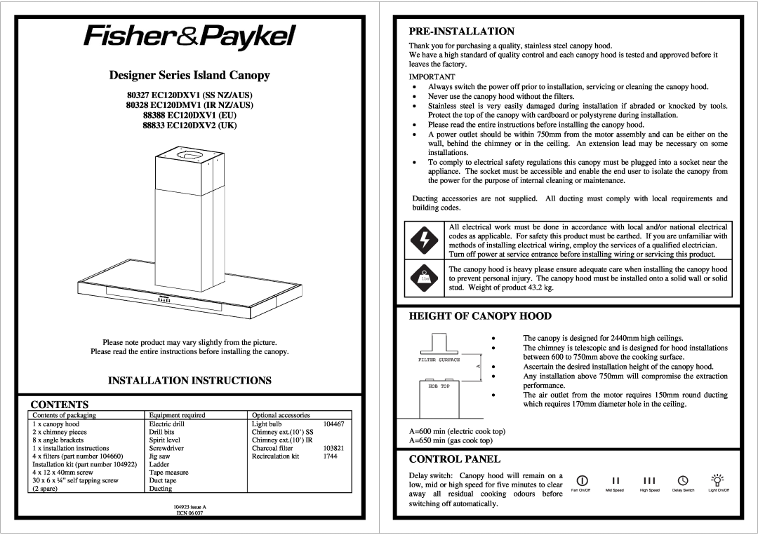 Fisher & Paykel 80328 EC120DMV1 installation instructions Pre-Installation, Height Of Canopy Hood, Contents, Control Panel 