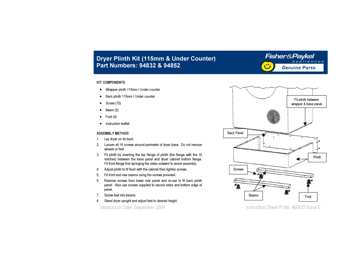 Fisher & Paykel instruction sheet Dryer Plinth Kit 115mm & Under Counter Part Numbers 94832, KIT Components 