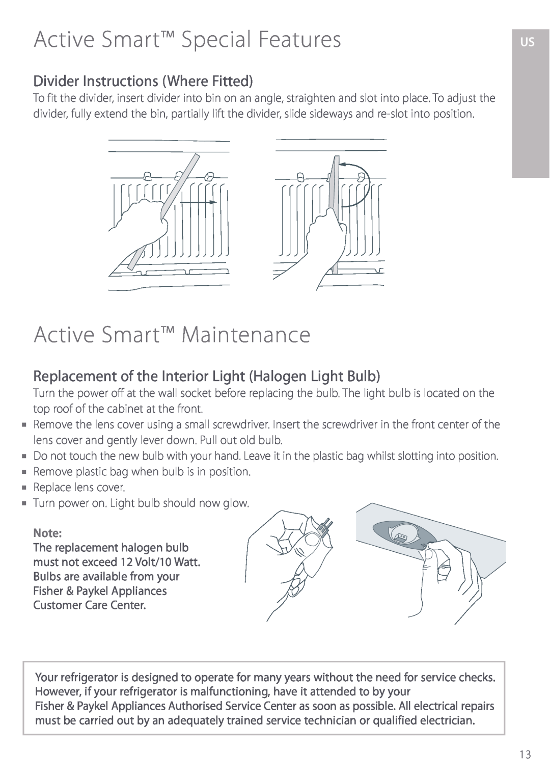 Fisher & Paykel manual Active Smart Maintenance, Divider Instructions Where Fitted, Active Smart Special Features 