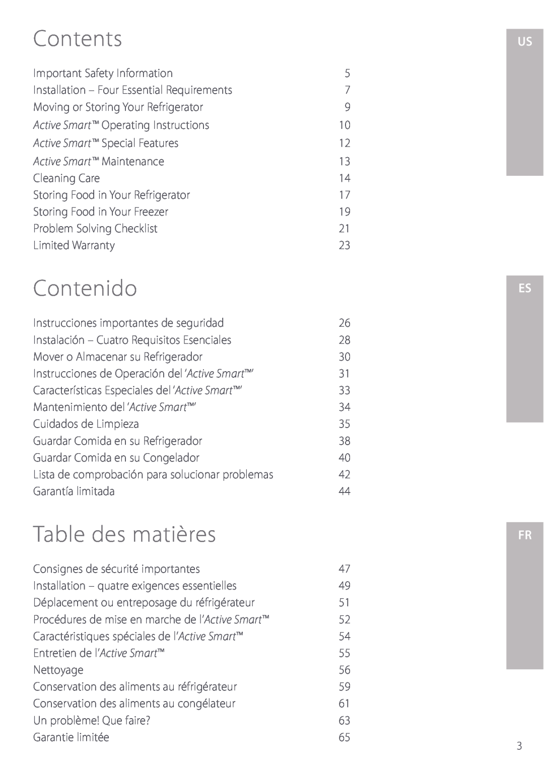 Fisher & Paykel manual Contents, Contenido, Table des matières, Active Smart Maintenance 
