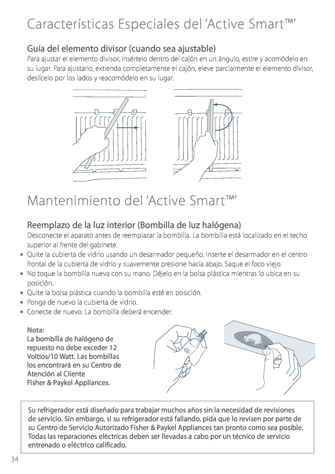 Fisher & Paykel manual Mantenimiento del ‘Active Smart’, Guía del elemento divisor cuando sea ajustable, Nota 