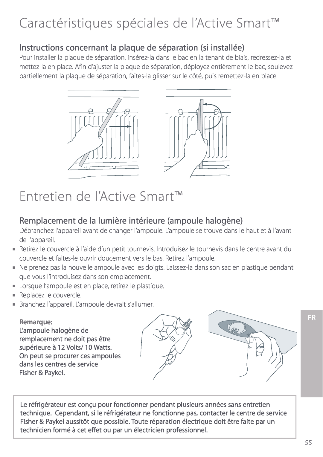 Fisher & Paykel Entretien de l’Active Smart, Instructions concernant la plaque de séparation si installée, Remarque 
