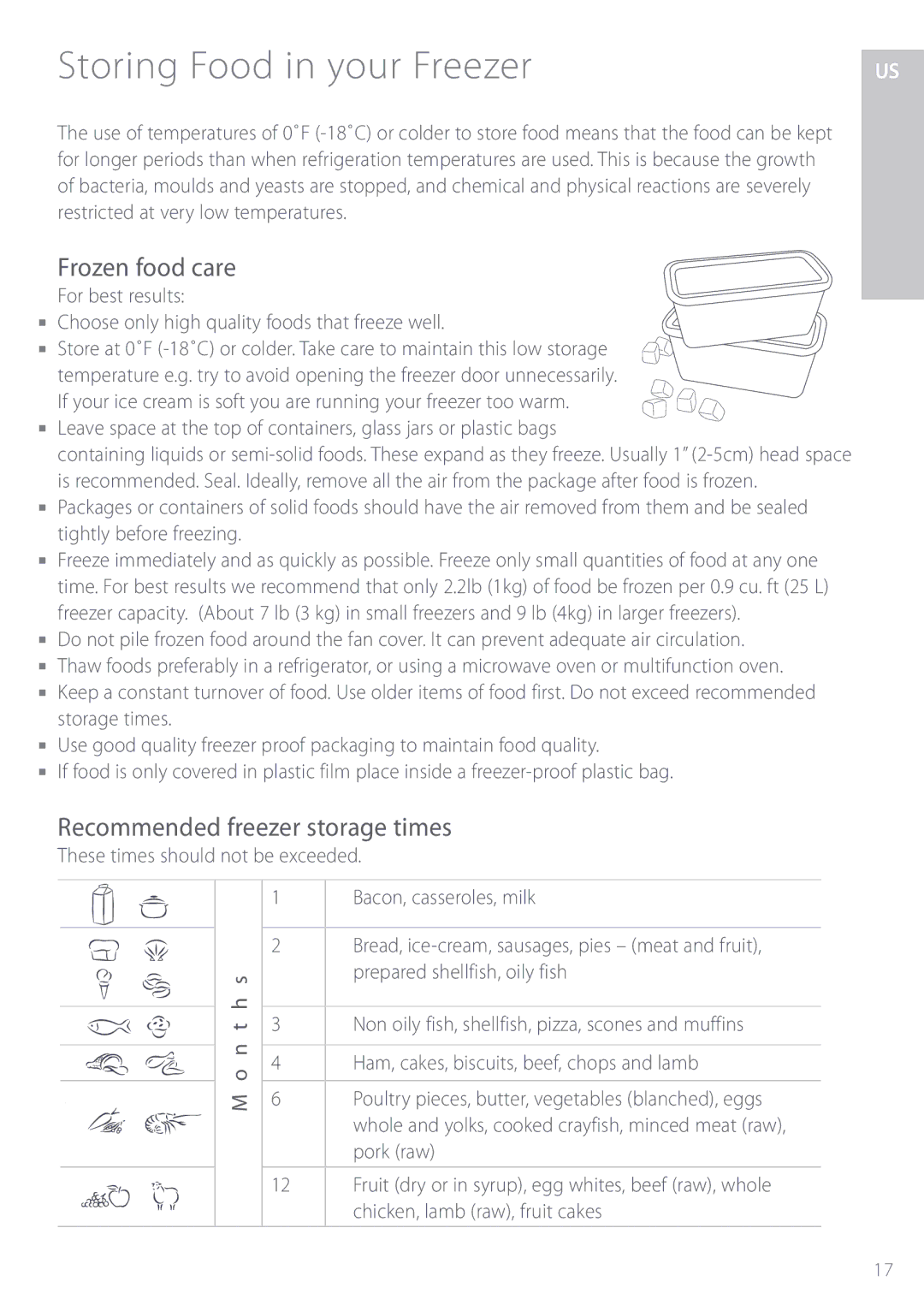 Fisher & Paykel ActiveSmart manual Storing Food in your Freezer, Frozen food care, Recommended freezer storage times 