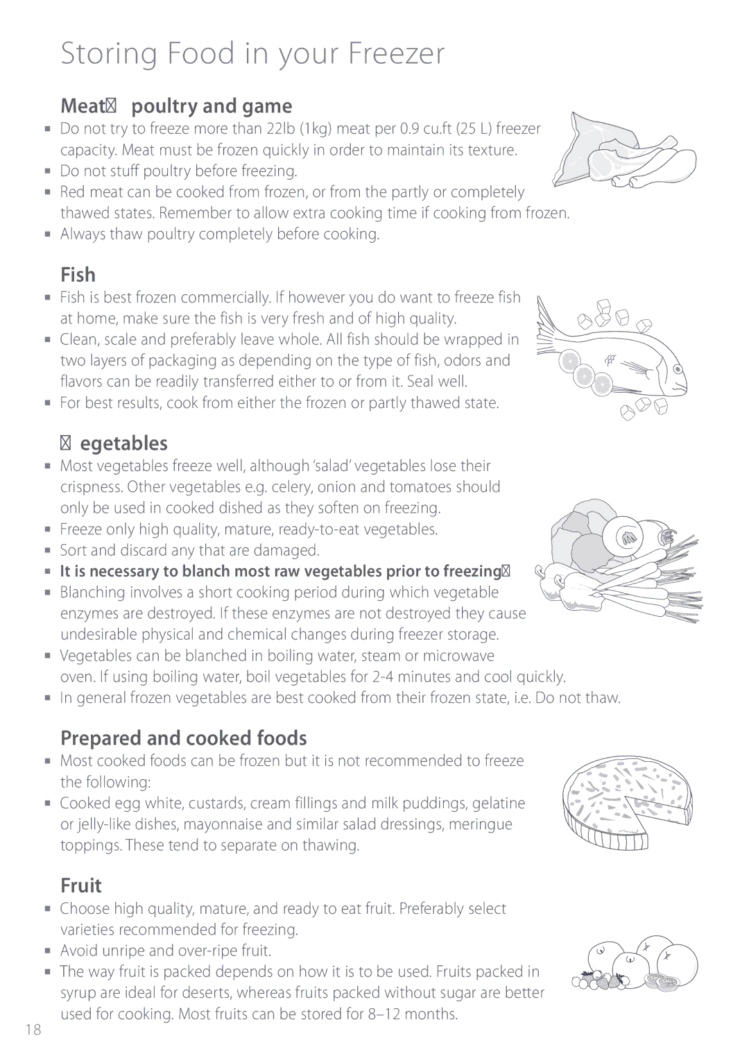 Fisher & Paykel ActiveSmart manual Meat, poultry and game, Fish, Vegetables, Prepared and cooked foods, Fruit 