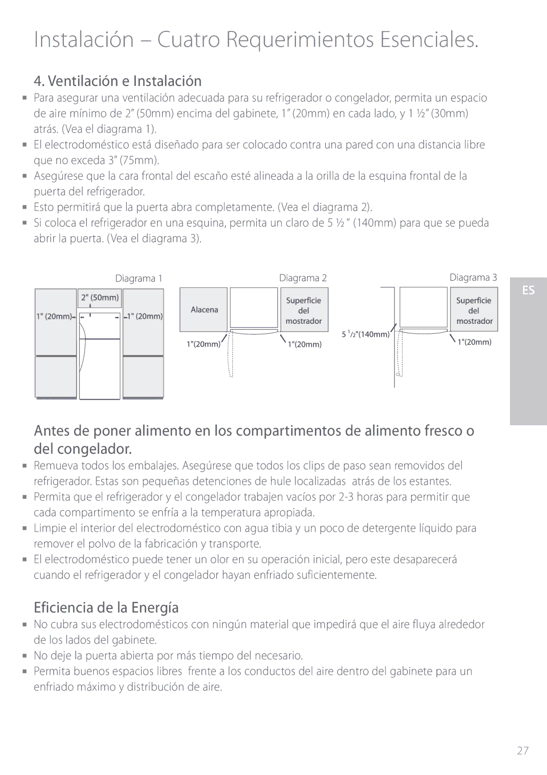 Fisher & Paykel ActiveSmart manual Ventilación e Instalación, Eficiencia de la Energía 