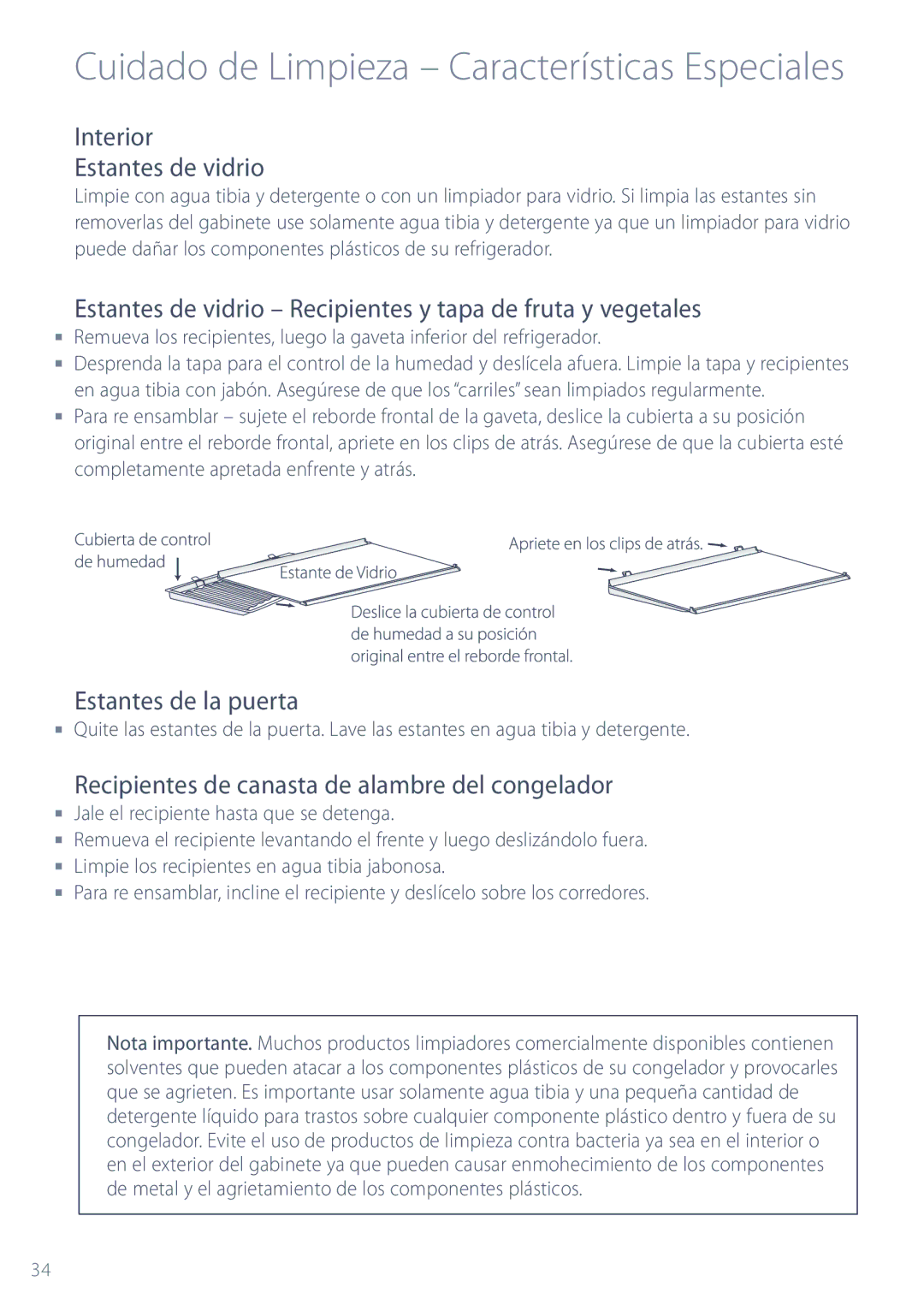 Fisher & Paykel ActiveSmart manual Interior Estantes de vidrio, Estantes de vidrio Recipientes y tapa de fruta y vegetales 