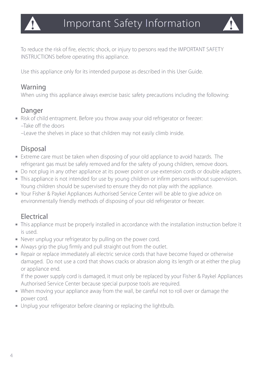 Fisher & Paykel ActiveSmart manual Disposal, Electrical 