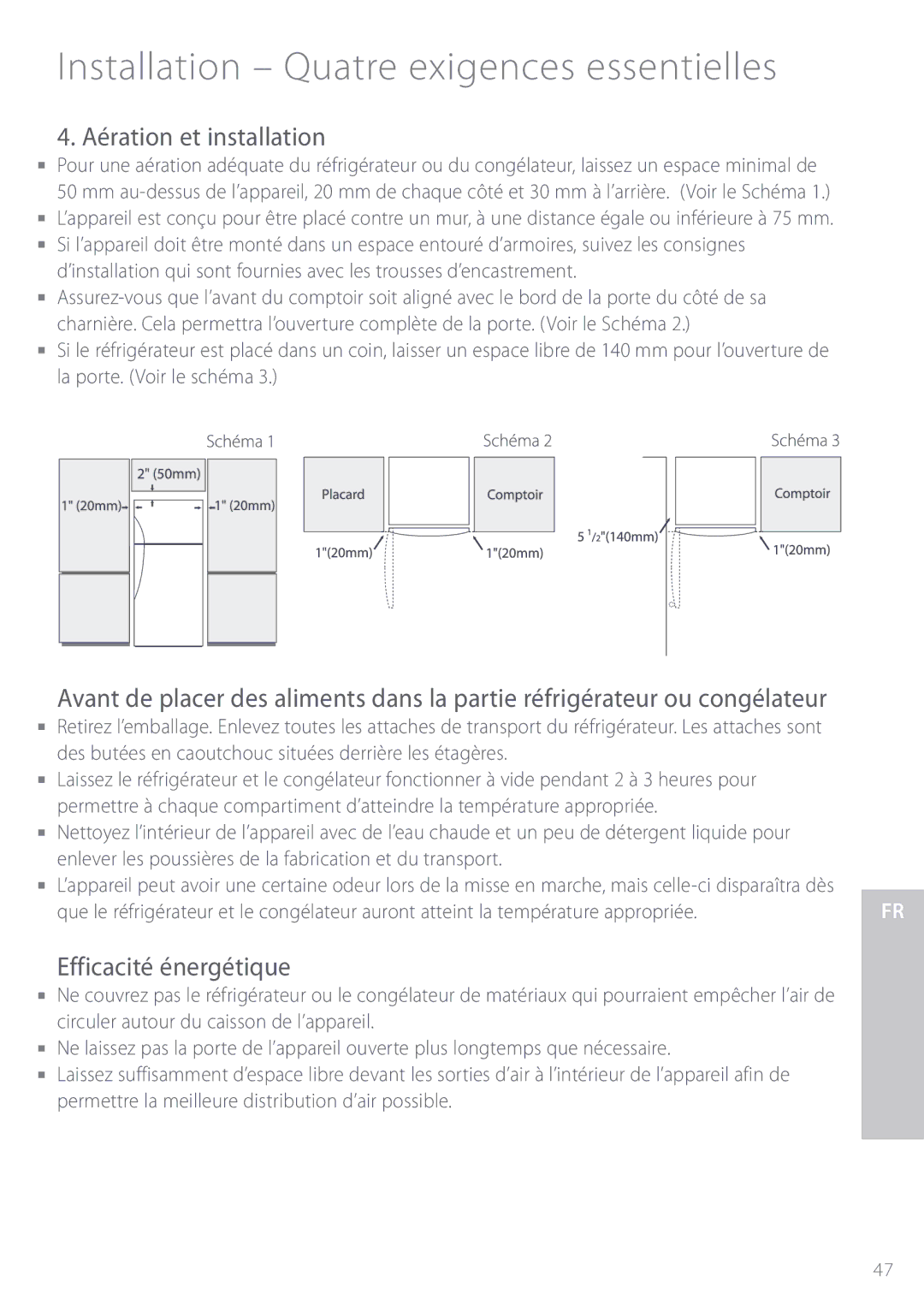 Fisher & Paykel ActiveSmart manual Aération et installation, Efficacité énergétique 