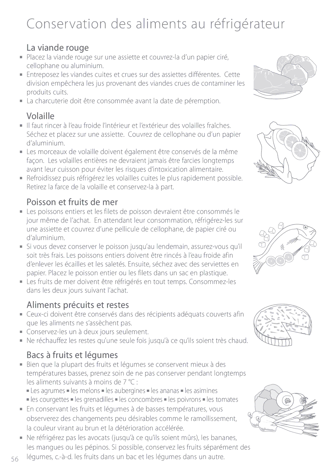 Fisher & Paykel ActiveSmart manual La viande rouge, Volaille, Poisson et fruits de mer, Aliments précuits et restes 