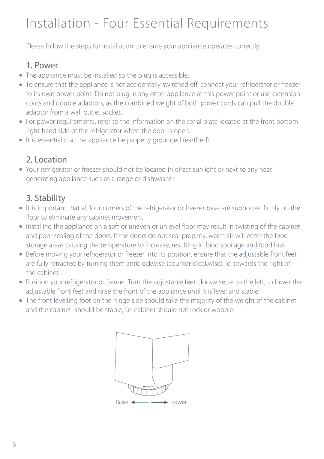 Fisher & Paykel ActiveSmart manual Installation Four Essential Requirements, Power, Location, Stability 