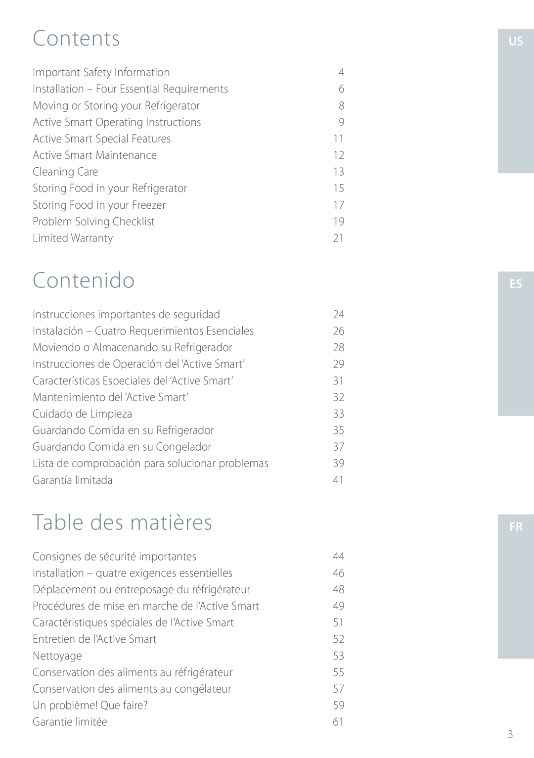 Fisher & Paykel ActiveSmart manual Contents, Contenido, Table des matières 