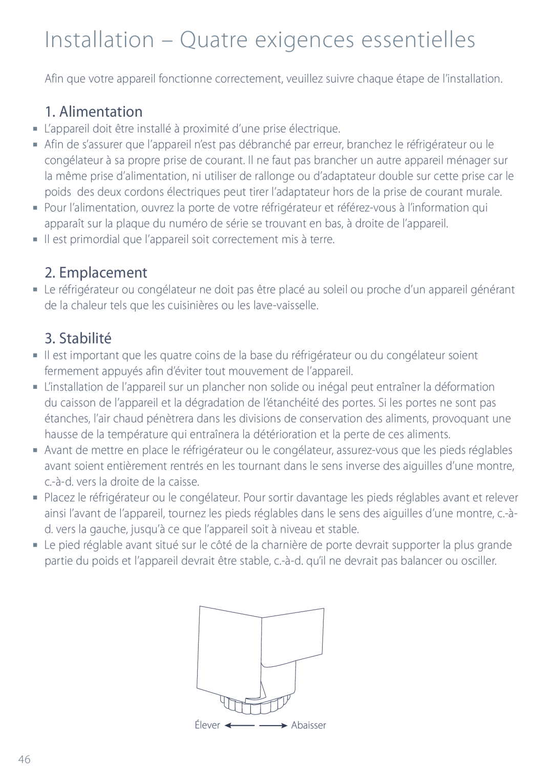 Fisher & Paykel ActiveSmart manual Installation - Quatre exigences essentielles, Alimentation, Emplacement, Stabilité 