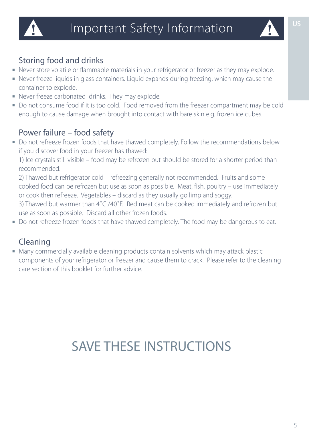 Fisher & Paykel ActiveSmart manual Save These Instructions, Storing food and drinks, Power failure - food safety, Cleaning 