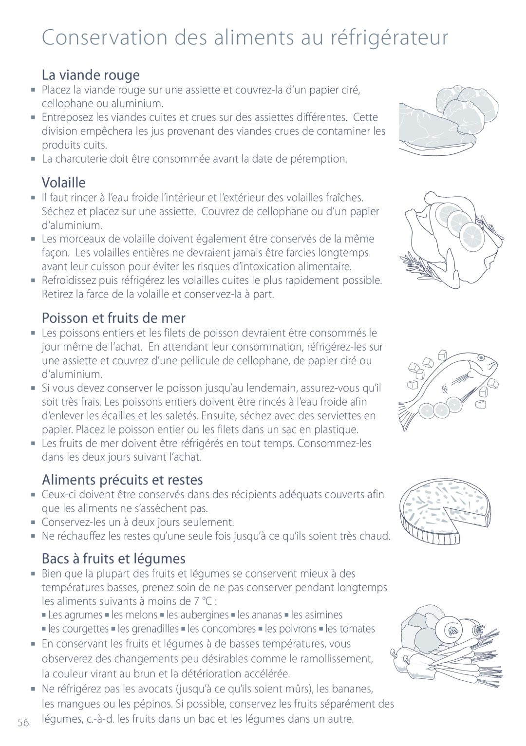 Fisher & Paykel ActiveSmart manual La viande rouge, Volaille, Poisson et fruits de mer, Aliments précuits et restes 