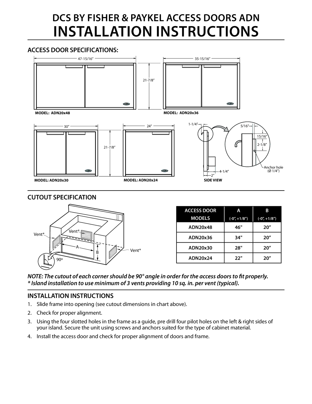 Fisher & Paykel ADN20x36, ADN20x30, ADN20x48 installation instructions Access Door Specifications, Cutout Specification 