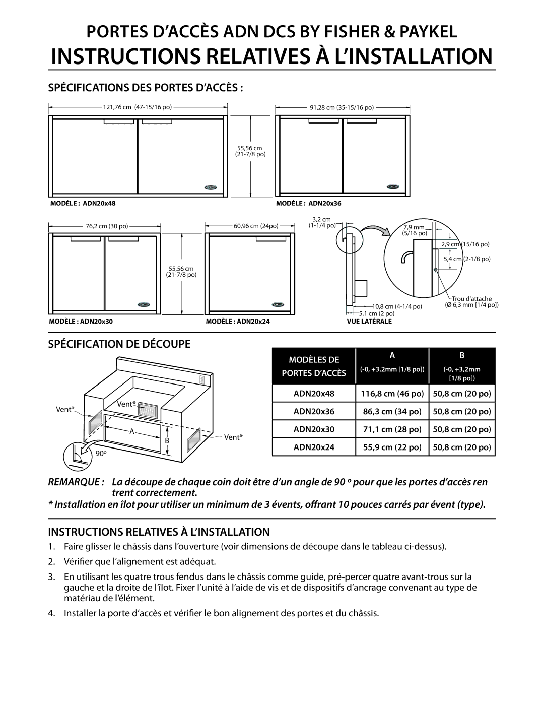 Fisher & Paykel ADN20x24, ADN20x30, ADN20x36, ADN20x48 Spécifications DES Portes D’ACCÈS, Spécification DE Découpe 