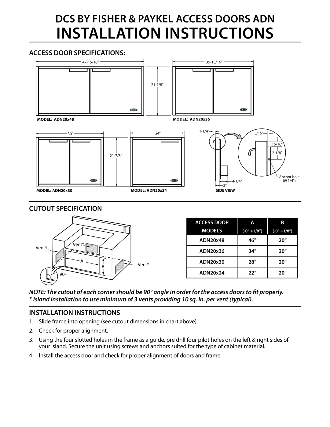 Fisher & Paykel ADN20x36 installation instructions Dcs By Fisher & Paykel Access Doors Adn, Access Door Specifications 