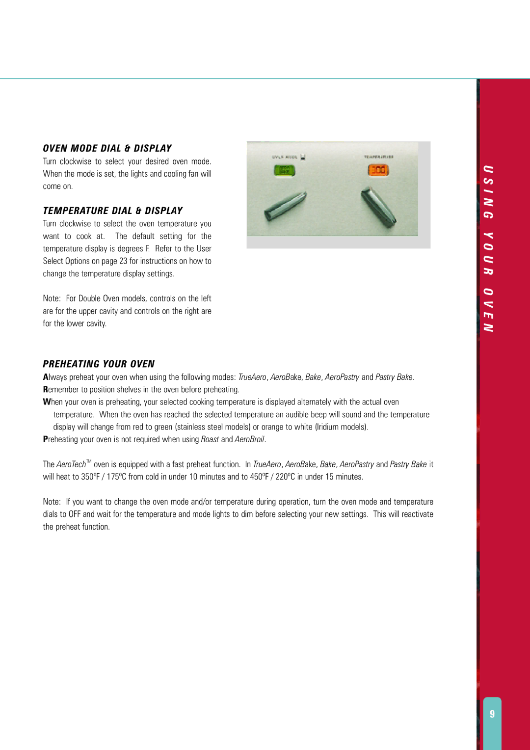 Fisher & Paykel AeroTech manual Oven Mode Dial & Display, Temperature Dial & Display, Preheating Your Oven 