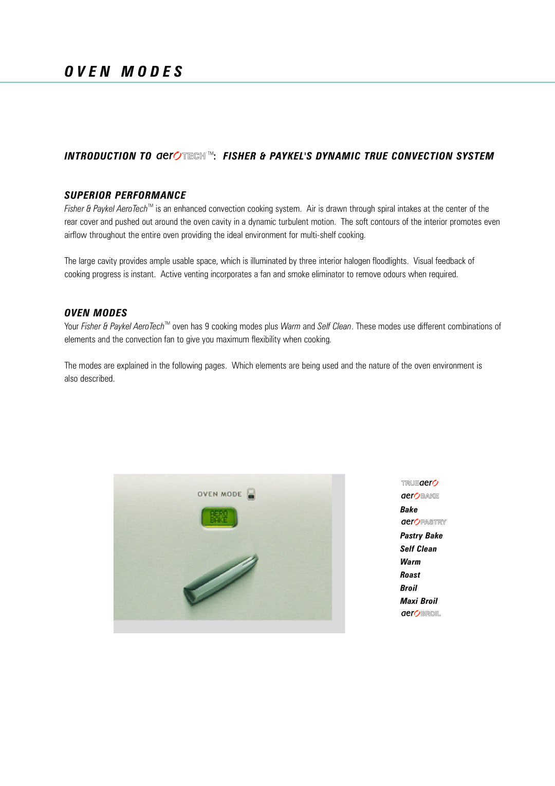 Fisher & Paykel AeroTech manual E N M O D E S, Oven Modes 