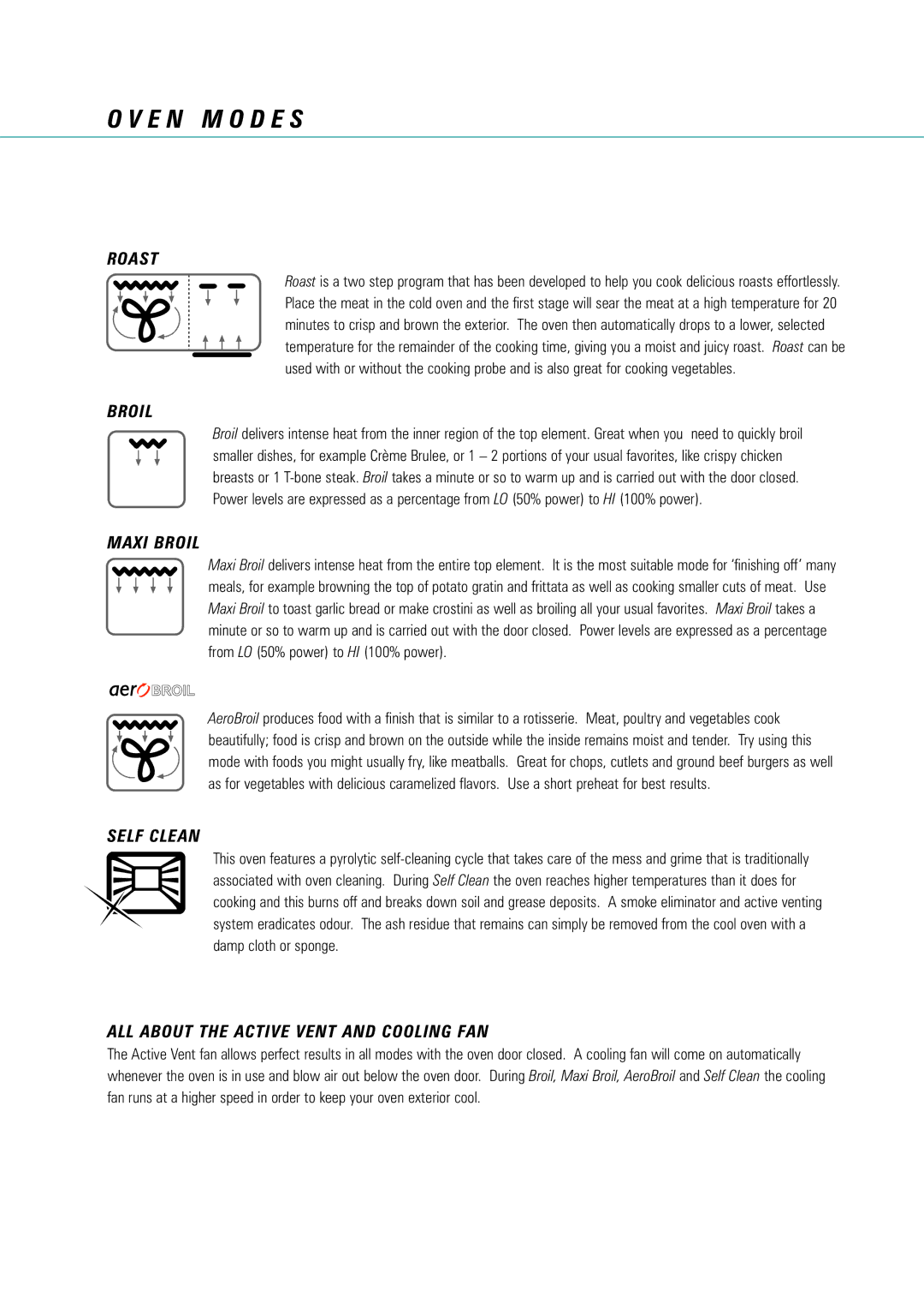 Fisher & Paykel AeroTech manual Roast, Maxi Broil, Self Clean, ALL about the Active Vent and Cooling FAN 