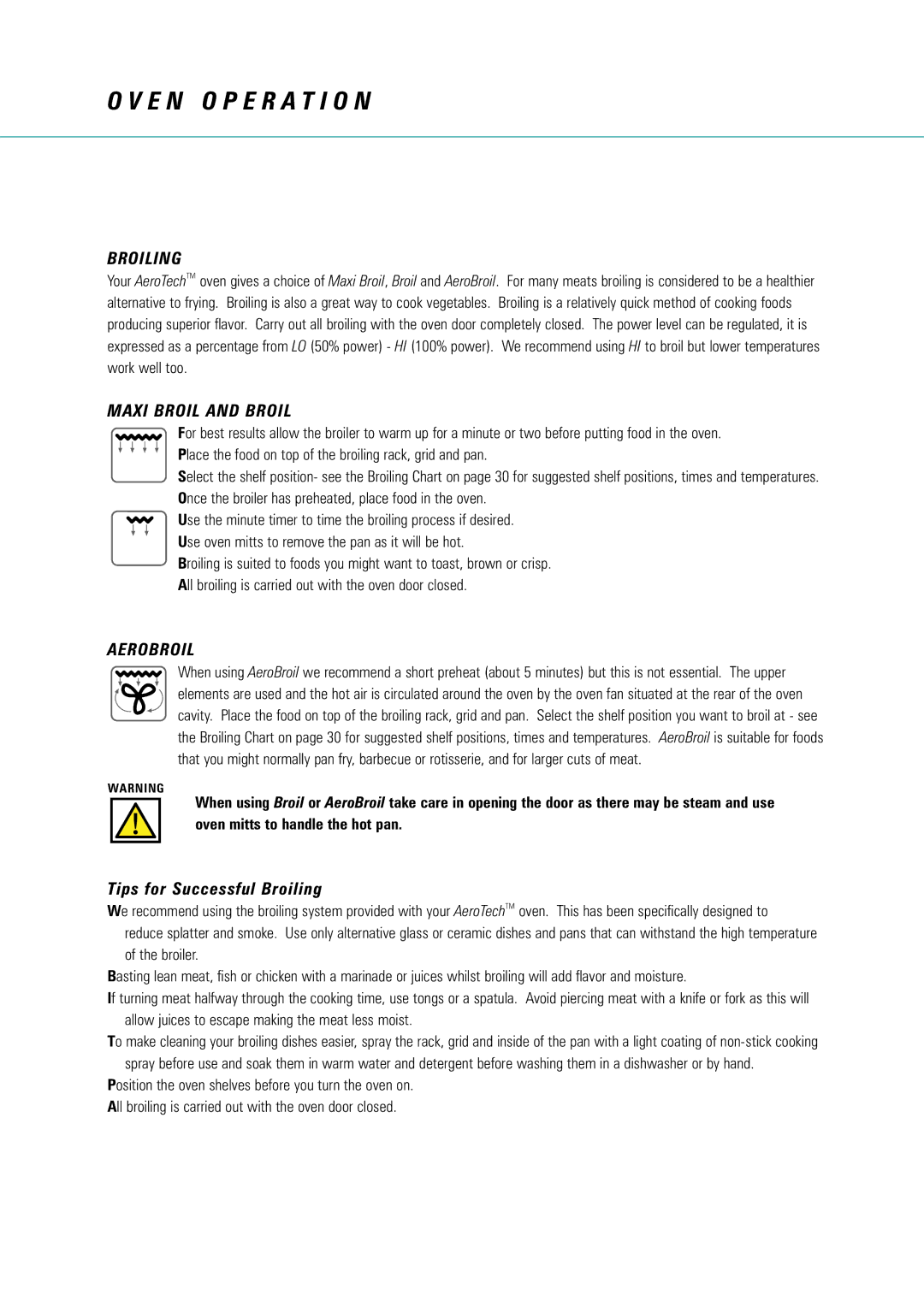 Fisher & Paykel AeroTech manual Maxi Broil and Broil, Aerobroil, Tips for Successful Broiling 