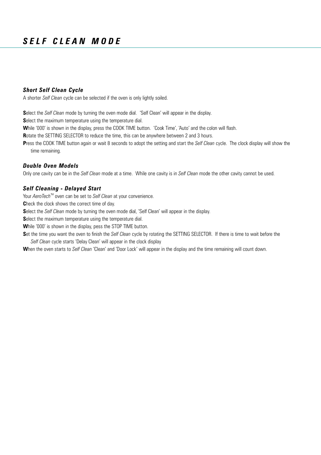 Fisher & Paykel AeroTech manual Short Self Clean Cycle, Double Oven Models, Self Cleaning Delayed Start 