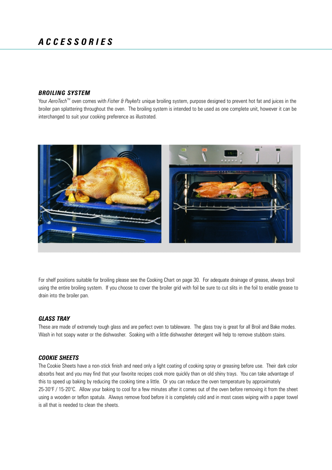 Fisher & Paykel AeroTech manual A C C E S S O R I E S, Broiling System, Glass Tray, Cookie Sheets 
