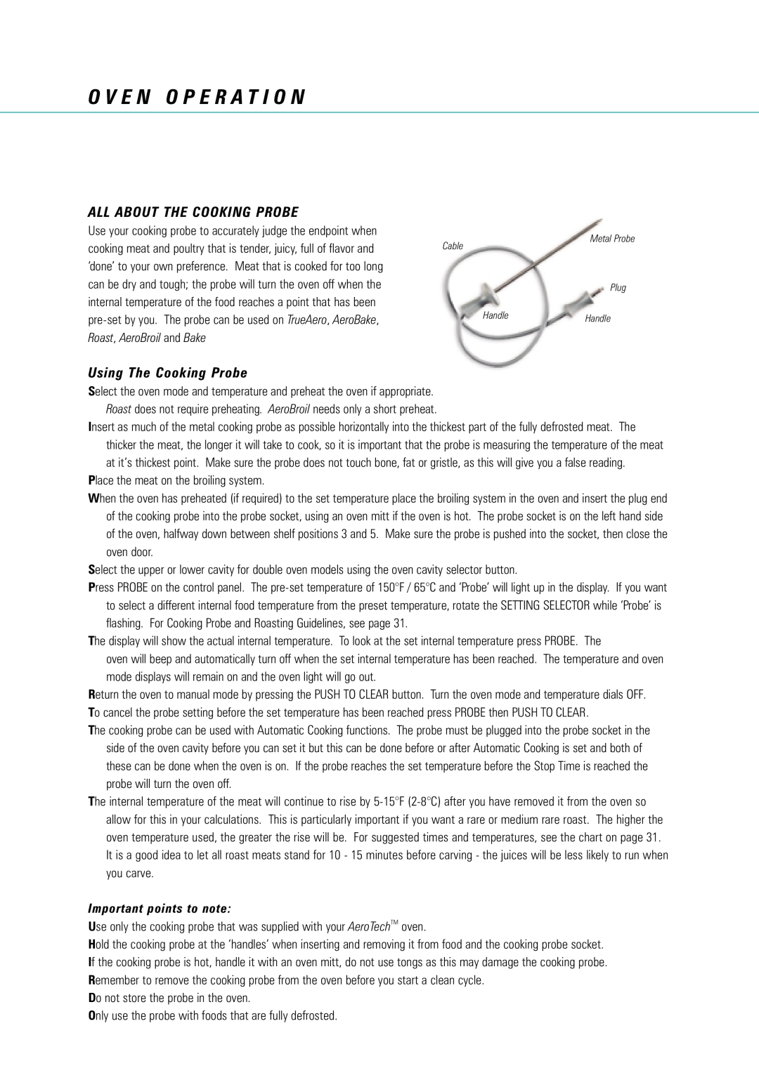 Fisher & Paykel AeroTech manual All About The Cooking Probe, Using The Cooking Probe, Important points to note 