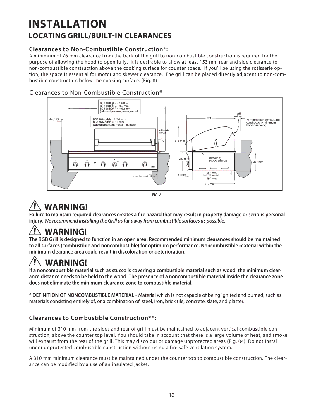 Fisher & Paykel BGB36, BGB48 installation instructions Clearances to Non-Combustible Construction 