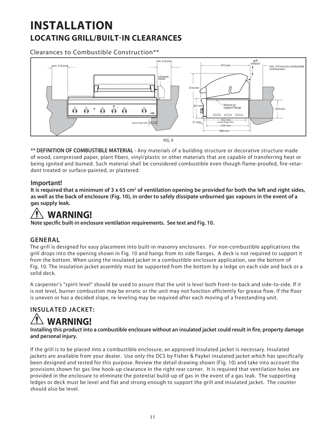 Fisher & Paykel BGB48, BGB36 installation instructions Clearances to Combustible Construction, General, Insulated Jacket 