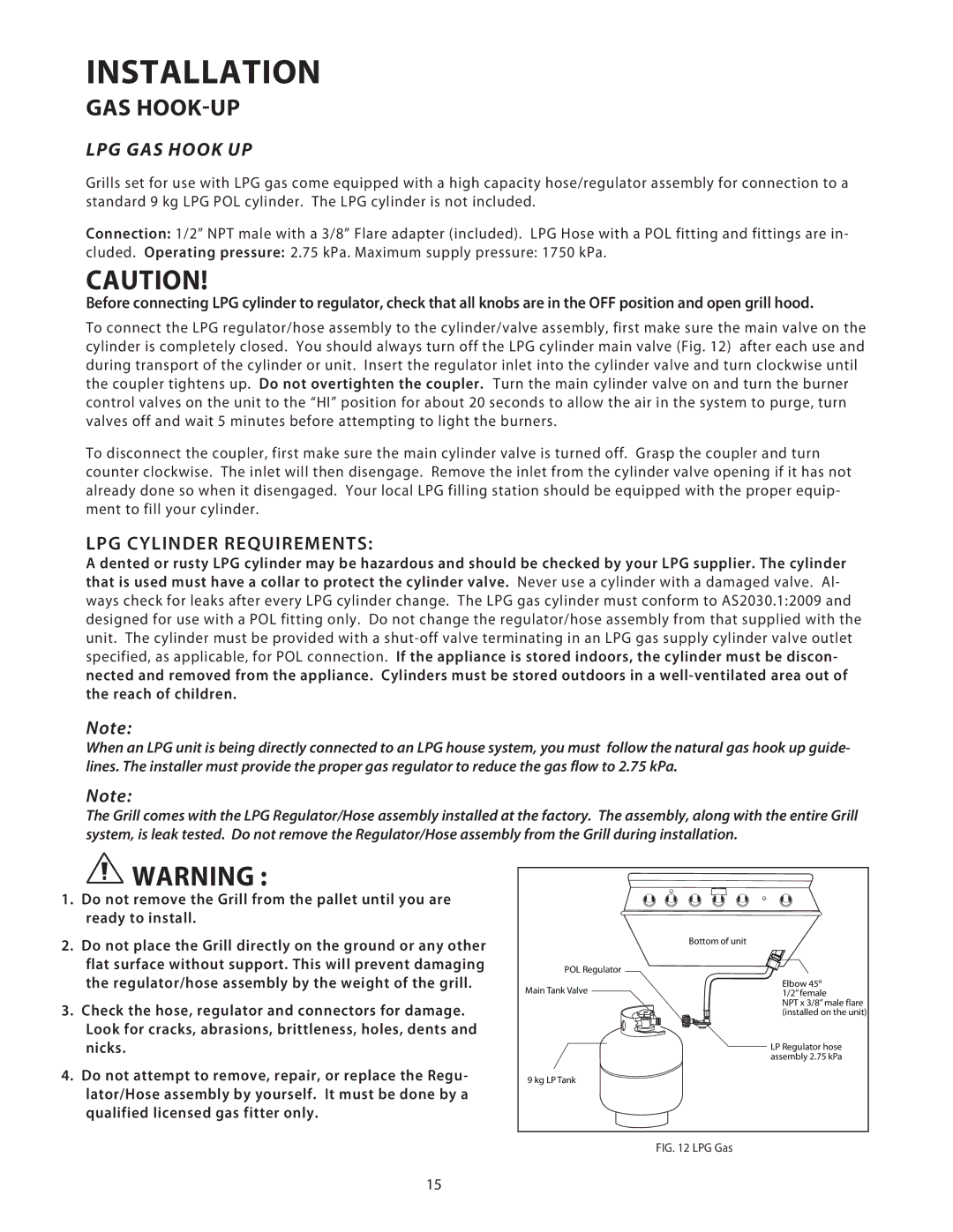 Fisher & Paykel BGB48, BGB36 installation instructions LPG GAS Hook UP, LPG Cylinder Requirements 