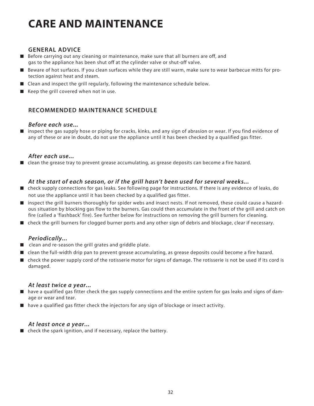 Fisher & Paykel BGB36, BGB48 Care and Maintenance, General Advice, Recommended Maintenance Schedule 