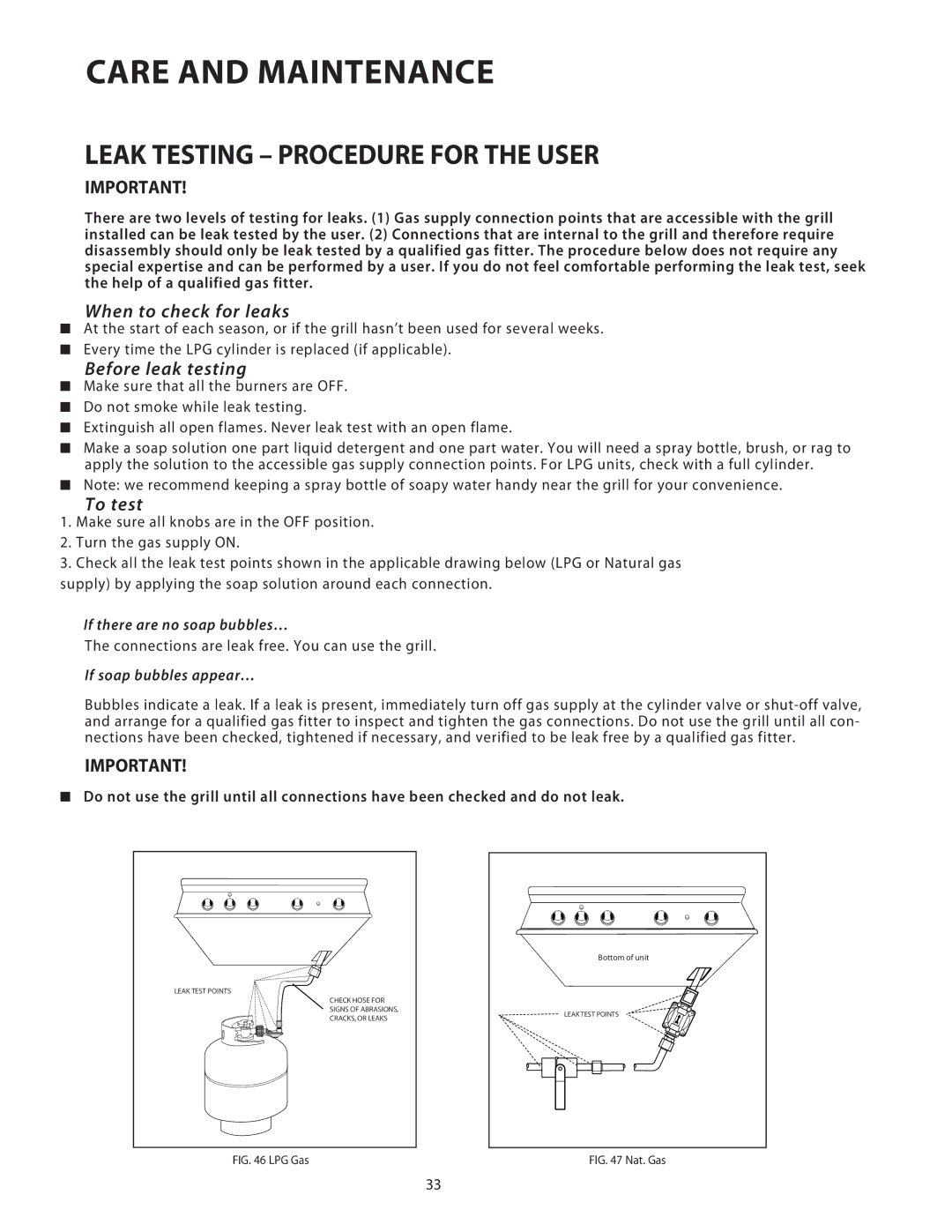 Fisher & Paykel BGB48, BGB36 installation instructions Leak Testing Procedure for the User 