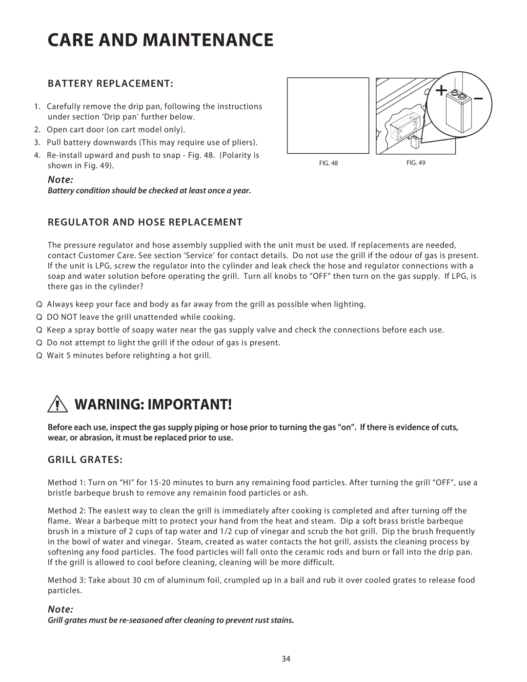 Fisher & Paykel BGB36, BGB48 installation instructions Battery Replacement, Regulator and Hose Replacement, Grill Grates 