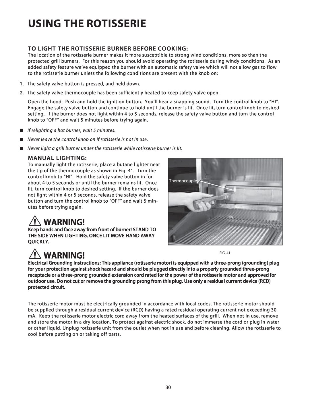 Fisher & Paykel BGB36 Warning!Fig, To Light The Rotisserie Burner Before Cooking, Manual Lighting, Using The Rotisserie 