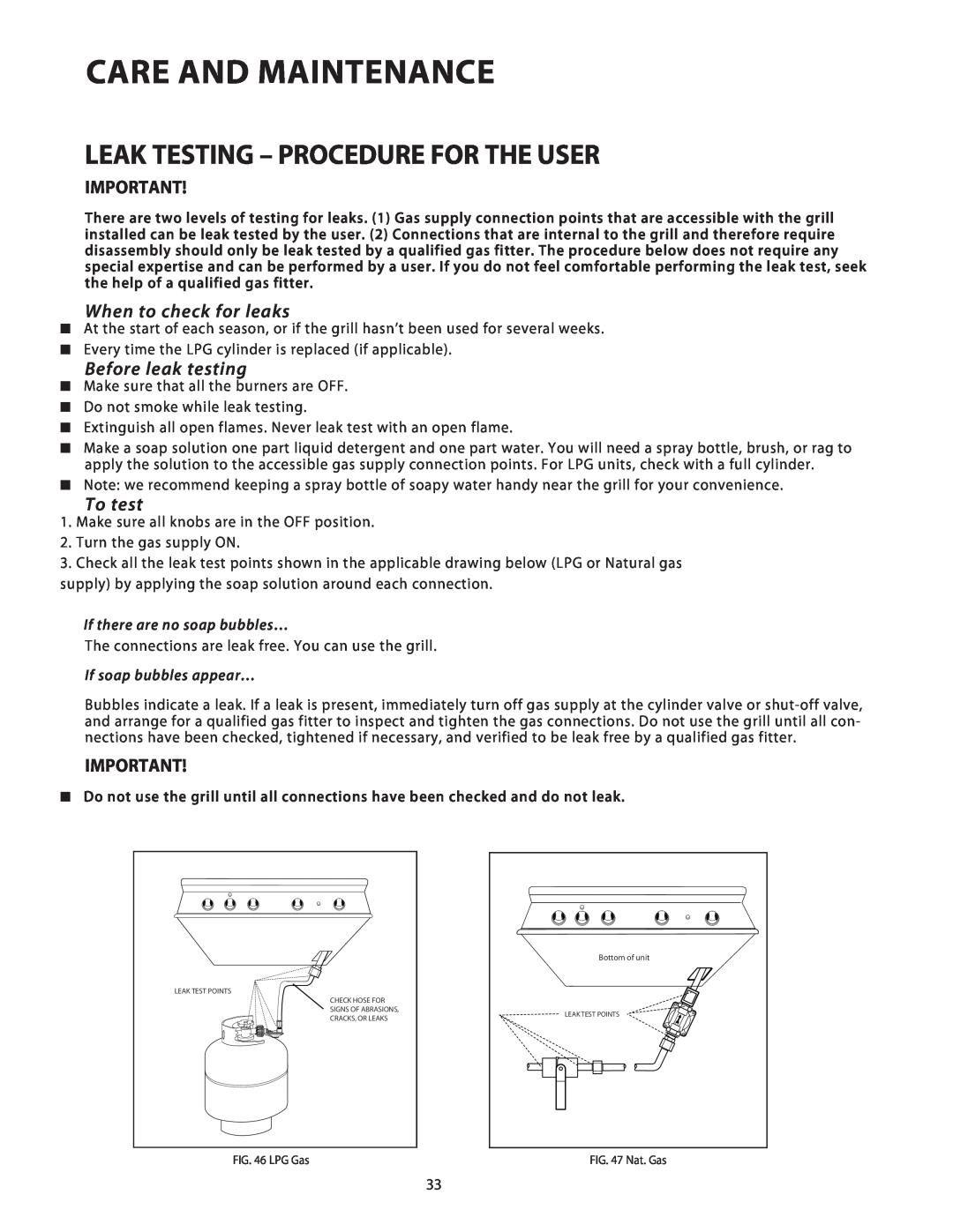 Fisher & Paykel BGB48, BGB36 Leak Testing - Procedure For The User, When to check for leaks, Before leak testing, To test 
