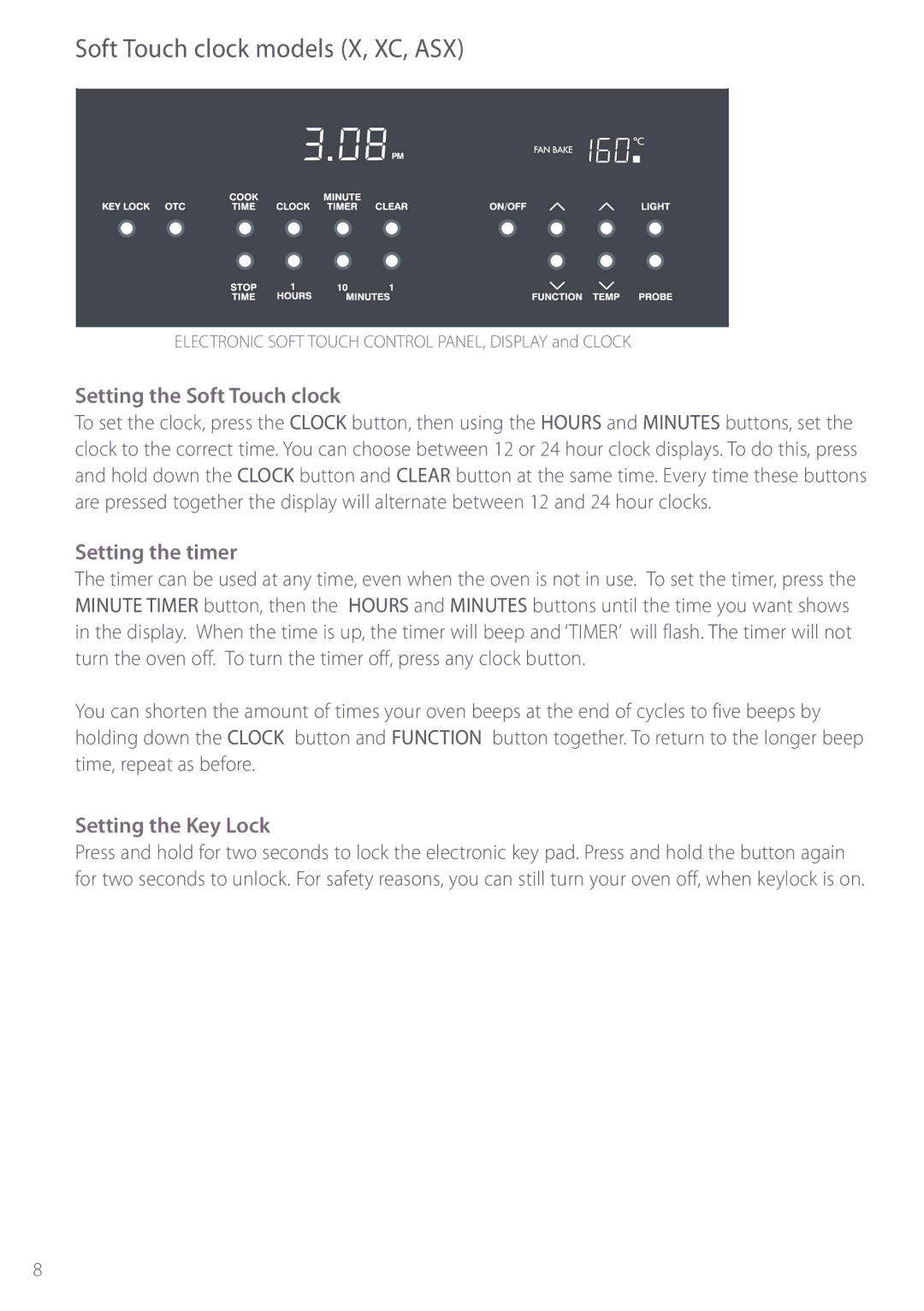 Fisher & Paykel BI452 manual Soft Touch clock models X, XC, ASX, Setting the Soft Touch clock, Setting the Key Lock 