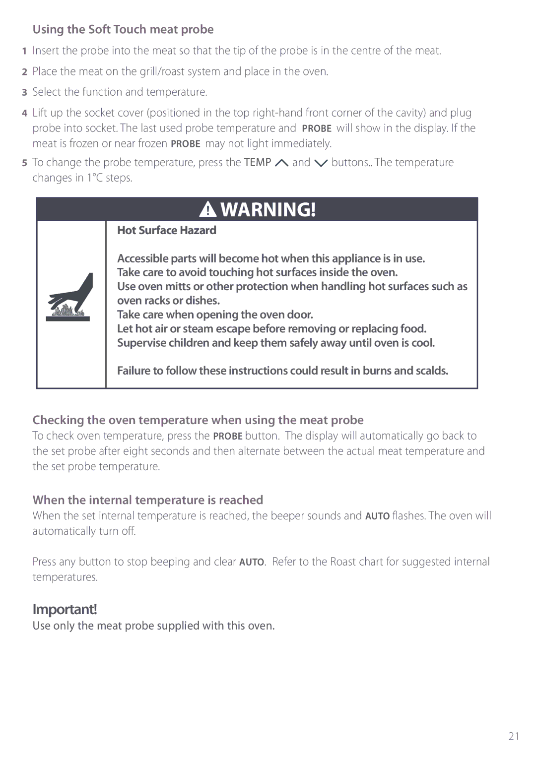 Fisher & Paykel BI452 manual Using the Soft Touch meat probe, Checking the oven temperature when using the meat probe 