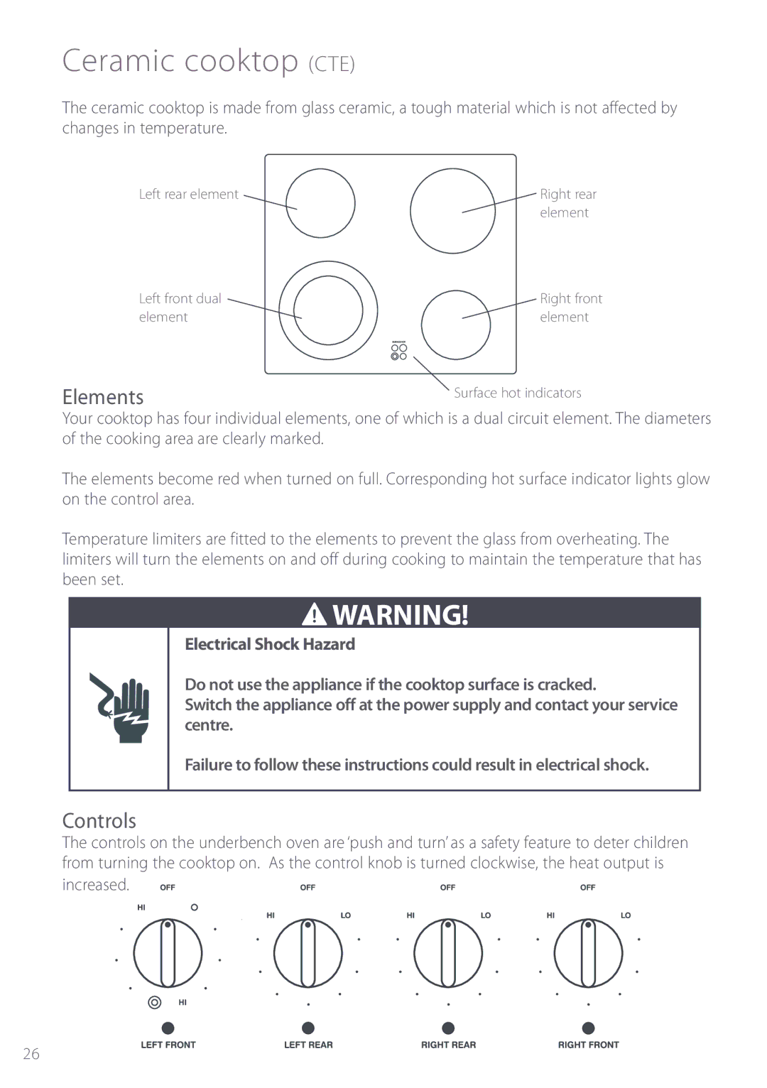 Fisher & Paykel BI452 manual Ceramic cooktop CTE, Elements, Controls 