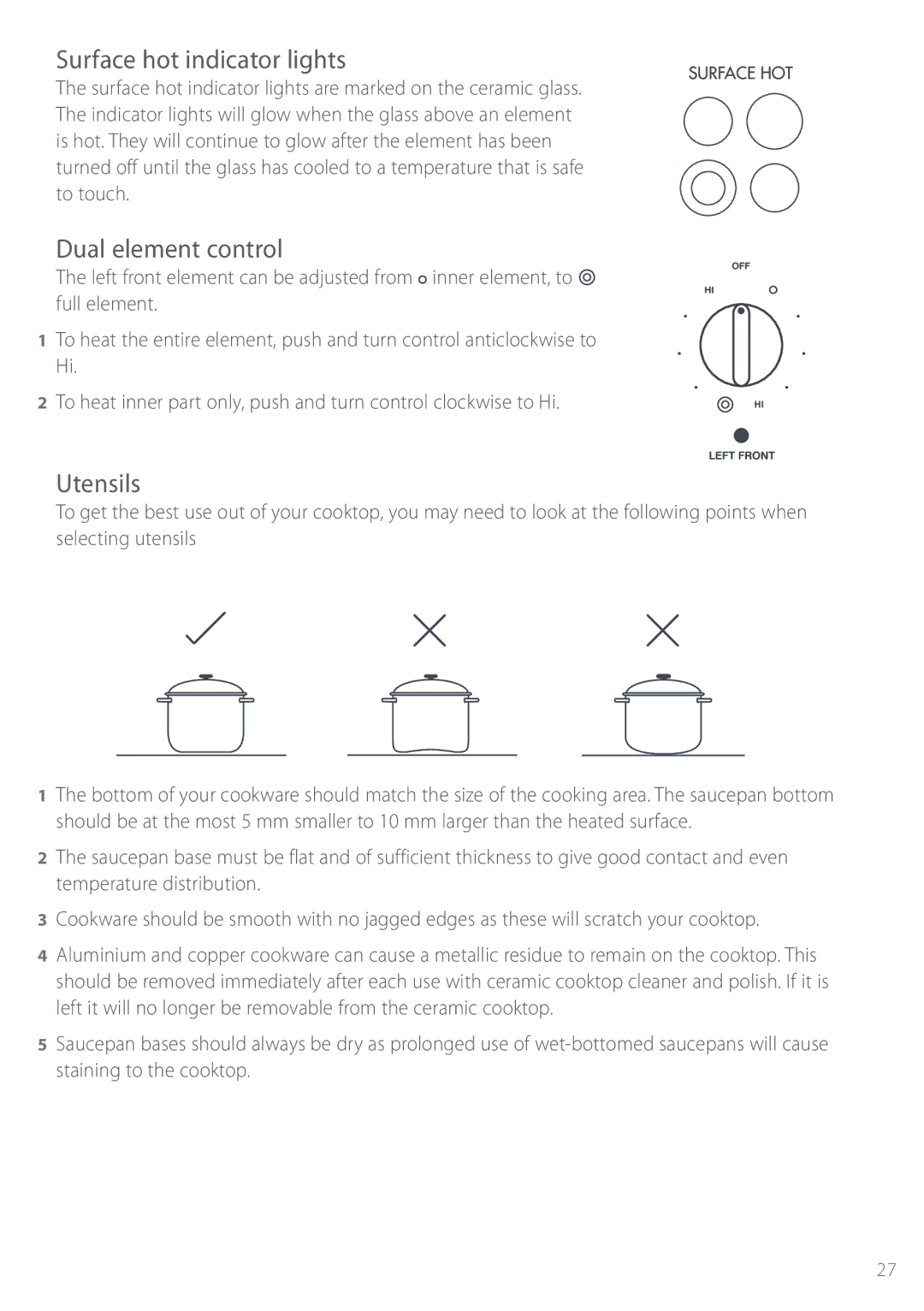 Fisher & Paykel BI452 manual Surface hot indicator lights, Dual element control, Utensils 